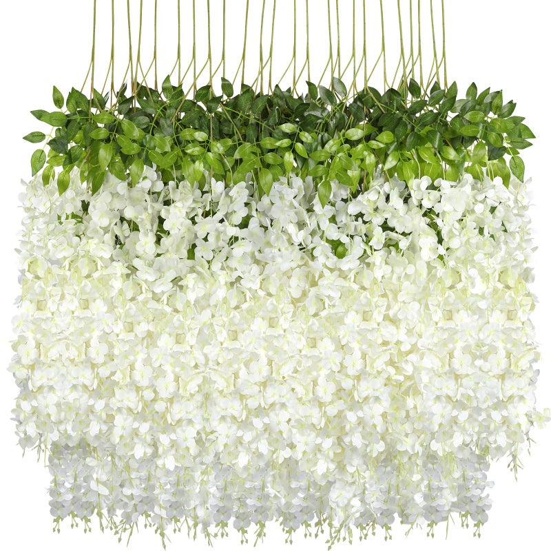 Pauwer Wisteria Hanging Flowers 24 Pack Fake Flower Garland Artificial Wisteria Vines Rattan Silk Flower String Wedding Party Wall Decorations,White - Image 1